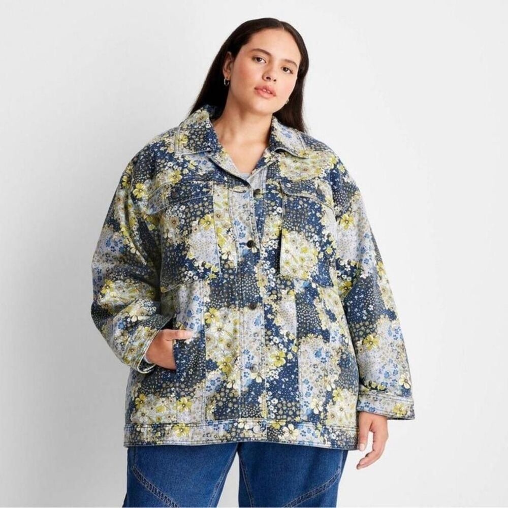 Women's Denim Floral Print Faux Shearling Jacket - Future Collective with R